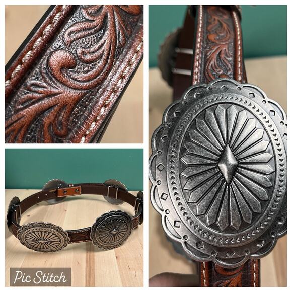 Ariat Western Womens Belt Leather Embossed Design Oval Conchos Brown Sz Small - Picture 1 of 9